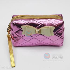 Pink PU plaid pattern cosmetic bag with bowknot