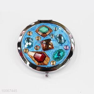 Blue Round Foldable Pocket Mirror with Jewel