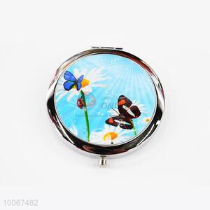 Butterfly Blue Round Foldable Pocket Mirror with Metal Border