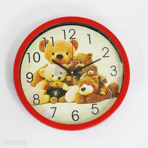 Bear pattern red edge round plastic wall clock