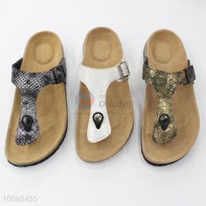 Comfortable buckle flip flops with cork foot bed