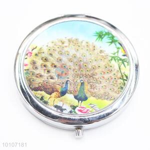 Peacock Pattern Round Pocket Metal Cosmetic Mirror