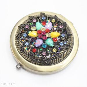 Flower Shape with Colorful Rhinestone Pocket Cosmetic Mirror