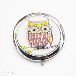 Pink Owl Pattern Round Shape Metal Pocket Makeup Mirror