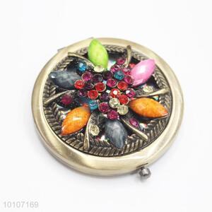 Bronze Colorful Rhinestone Round Pocket Cosmetic Mirror