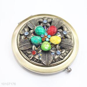 Flower Pattern with Rainbow Rhinestone Pocket Cosmetic Mirror