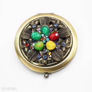 Flower with Colorful Rhinestone Metal Pocket Makeup Mirror