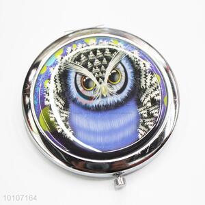 Blue Cute Owl Pattern Round Shape Metal Pocket Makeup Mirror