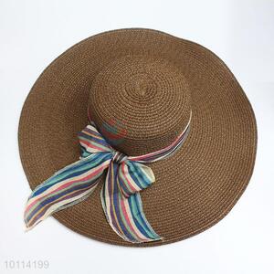 Women Wide Brim Coffee Paper Bowknot Beach Sun Hat