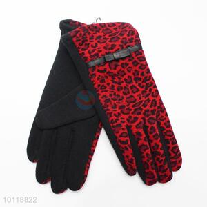 Fashion Red Leopard Mirco Velvet Gloves with Bowknot