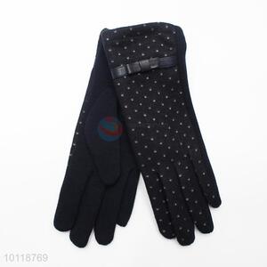 Dark Blue Dots Mirco Velvet Gloves with Bowknot