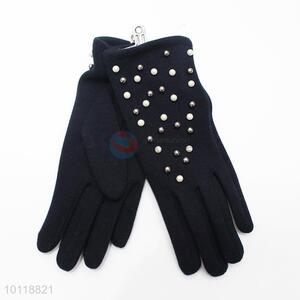 Fashion Dark Blue Mirco Velvet Gloves with Bead