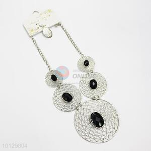Silver round hollow alloy black faced stones necklace&earrings set