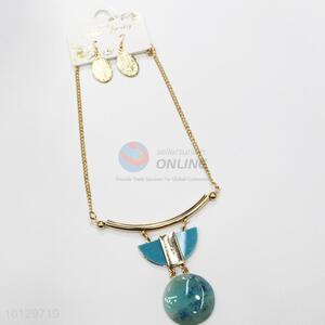 Blue crackle resin stone alloy necklace&oval textured earrings set