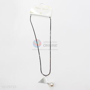Silver alloy triangle round pearl black rope necklace