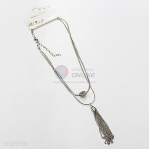 Clear stoned chain tassels silver necklace