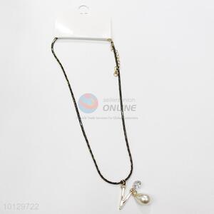 Stylish black rope waterdrop shaped pearl V shaped alloy necklace