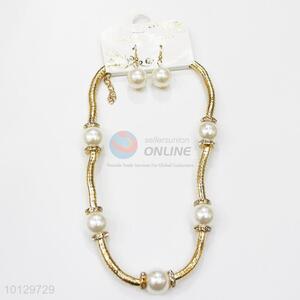 Thick mesh chain big pearl spaced gold necklace&pearl earrigns set