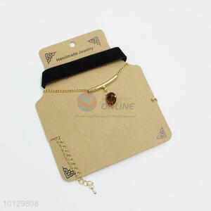 Stylish black pu necklace with colored stone charm