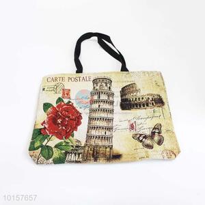 28*38cm Building and Flower Printed Grosgrain Hand Bag with Zipper,Black Belt