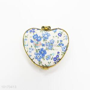 Ornamental Blue Flower Pattern Mini Heart-shaped Silk Fabrics Cosmetic Mirror