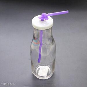 Cheap Price Glass Bottle with Lid and Purple Straw for Sale