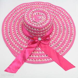 Rose Red Color Bowknot Ribbon Straw Hat Lady Sun Hat