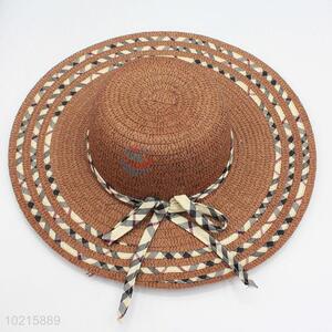 New Product Brown Color Vintage Plaid Printed Bowknot Ribbon Straw Hat