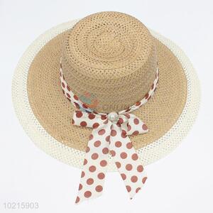 Eco-Friendly Women Straw Hat Dotted Bowknot Ribbon Garishness Sun Hat