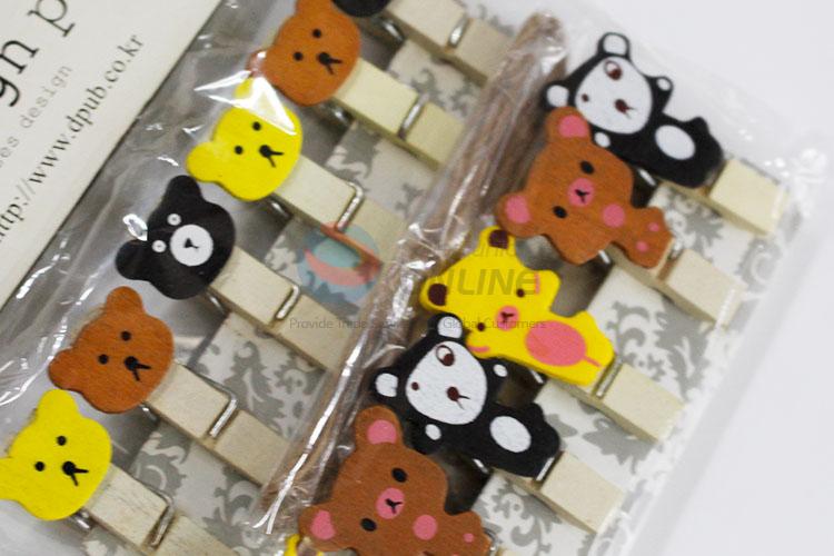 Cute Cartoon Bear Head Wooden Clip Photo Paper Craft Diy Clips with Hemp Rope