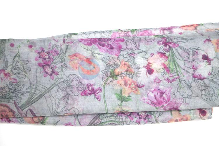 Factory Supply Purple Flower Pattern Voile Scarf for Women