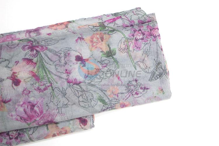 Factory Supply Purple Flower Pattern Voile Scarf for Women