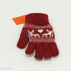 Red Color Cute Elk Printed Warm Gloves