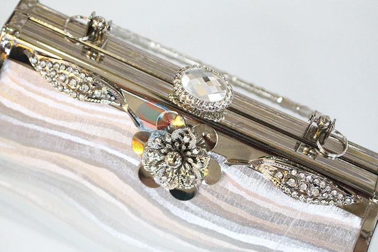 Striped pattern crystal evening clutch chain bag