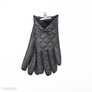 Women Bowknot PU Leather Mitten Soft Quilted Winter Warm Gloves