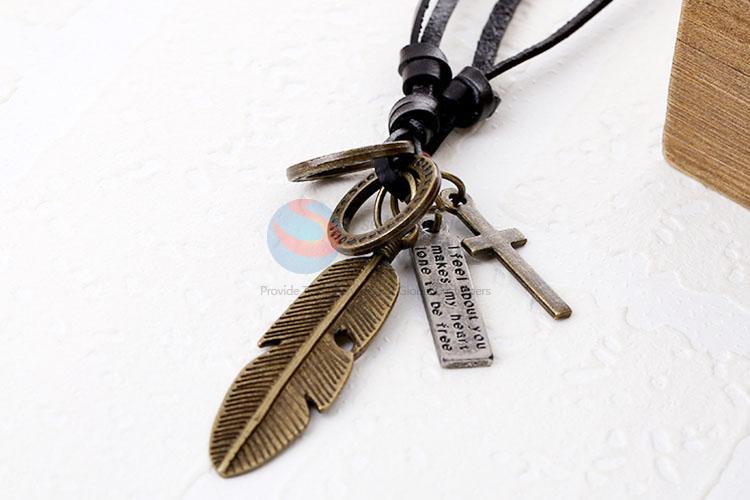 New Style Alloy Feather Pendant Leather Necklace