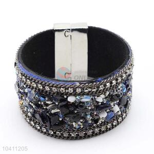 Women Rhinestone Wide Leather Wristband With Good Quality