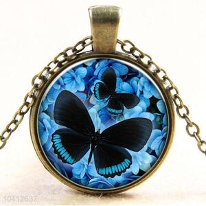 Latest Style Round Alloy Butterfly Sweater Chain Glass Jewelry Pendant