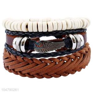 Cheap high quality vintage braided leather wing bracelet set