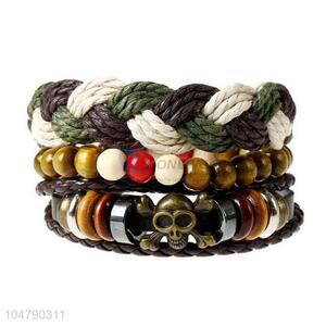 Fancy cheap vintage braided leather skull bracelet set