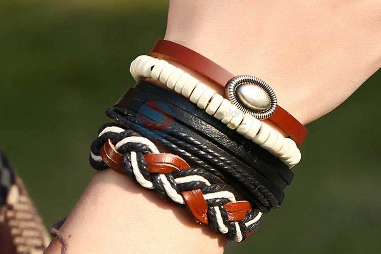 Customized wholesale cheap vintage braided leather bracelet set