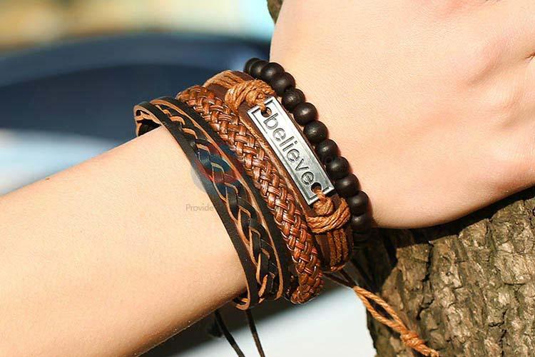 High quality promotional vintage braided leather bracelet set