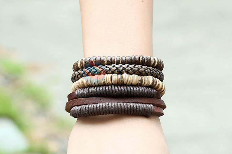 High grade custom vintage braided leather bracelet set