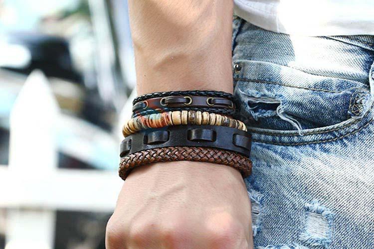 Factory customized vintage braided leather bracelet set