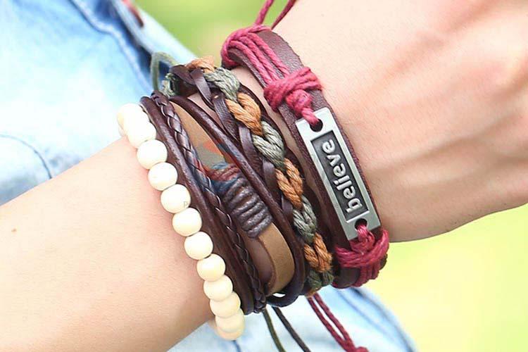 Factory sales vintage braided leather bracelet set