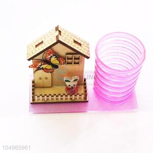 Useful Simple Best Wooden House Model Craft with Pink Color Pen Container