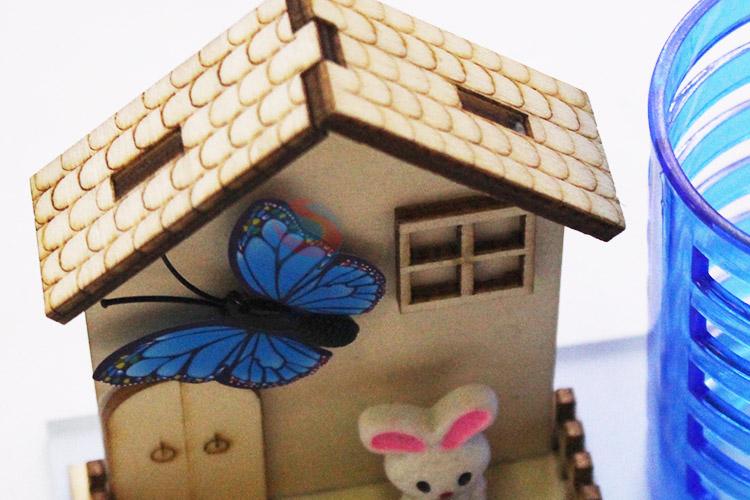 Best Low Price Wooden House Model Craft with Plastic Pen Container