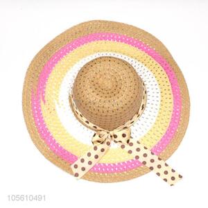 Low price women summer beach straw hat wide brim cap with ribbon