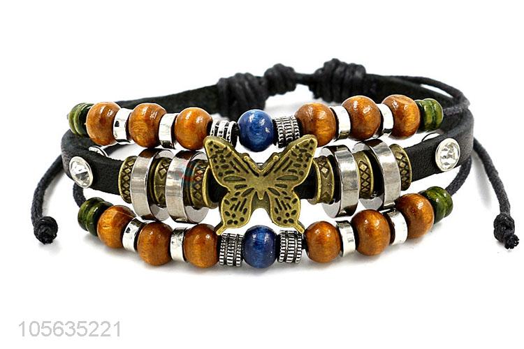 Professional supply retro leather beaded bracelet with charms