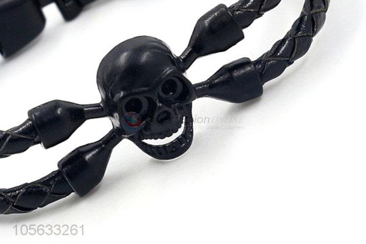 Promotional cheap handmade mens braided retro alloy skull bracelet